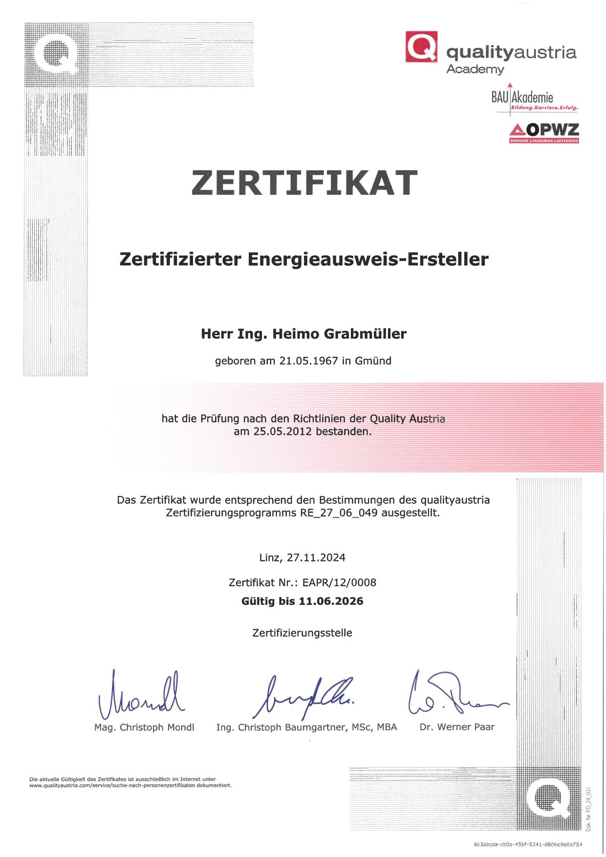 Zertifikat Energieausweis – Quality Austria