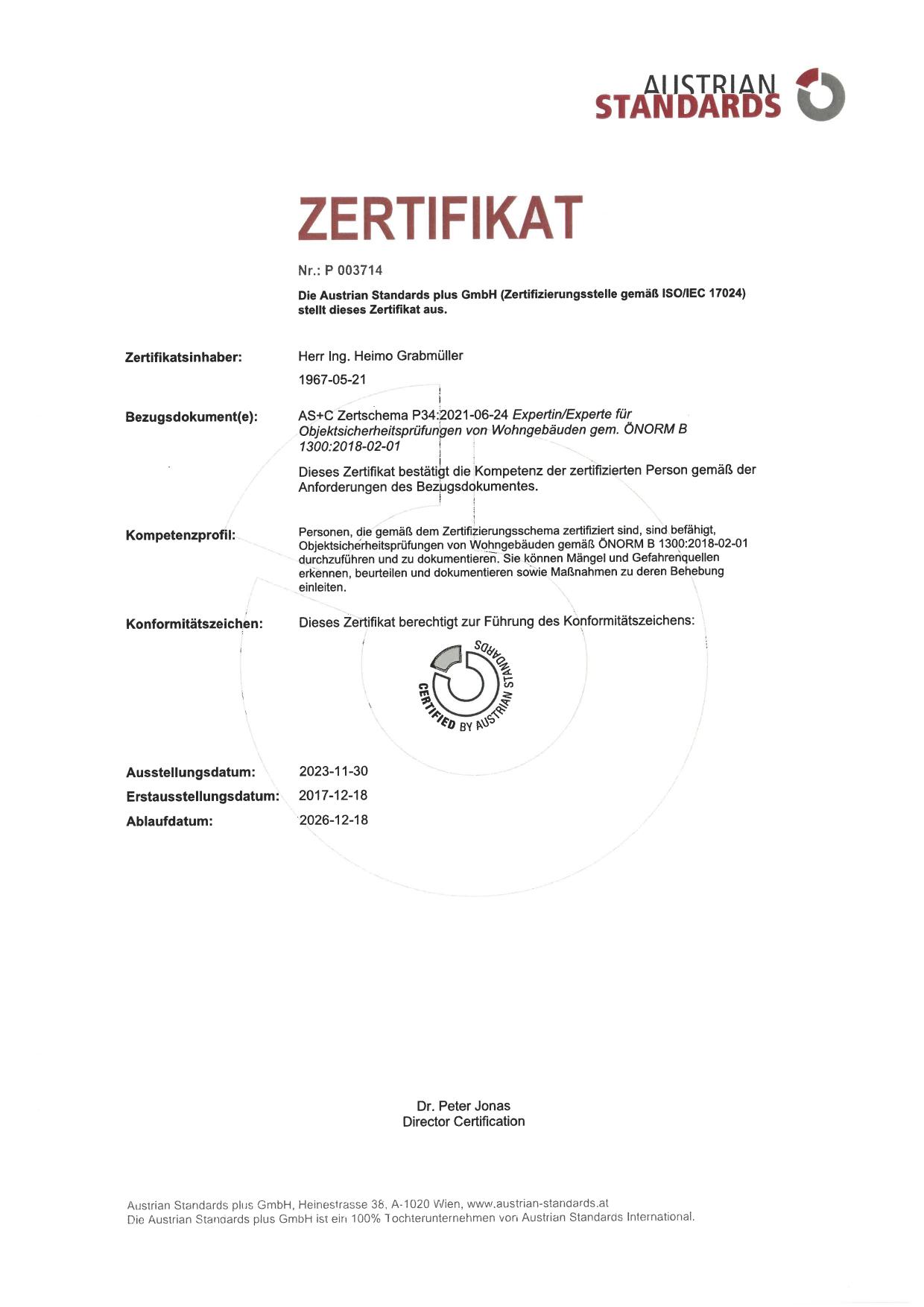Zertifikat Objektsicherheitsprüfung – Austrian Standards